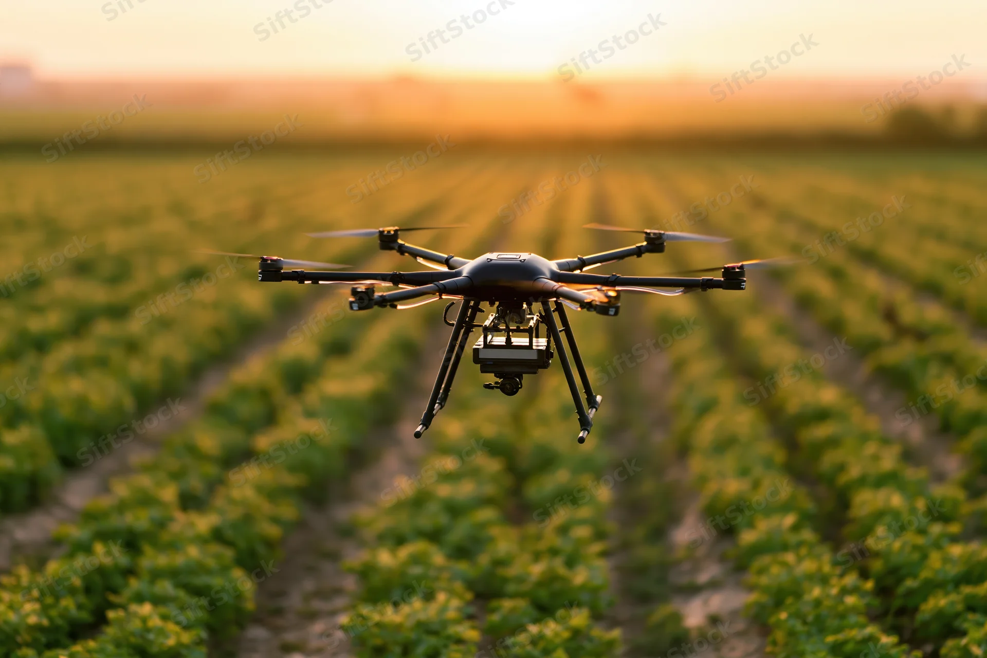 Agricultural hexacopter drone hovering low over neat rows of crops in a field at sunset