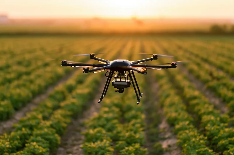 Agricultural hexacopter drone hovering low over neat rows of crops in a field at sunset