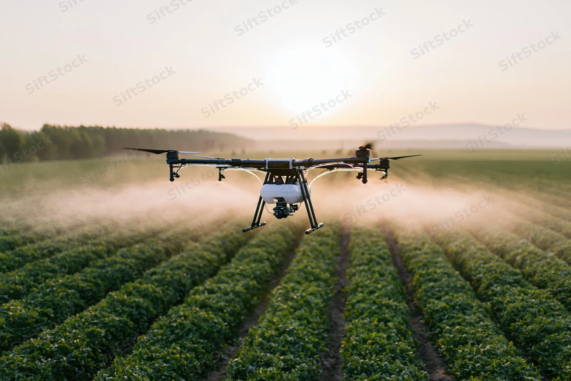 Agricultural drone spraying pesticide mist over rows of crops in a field at sunset
