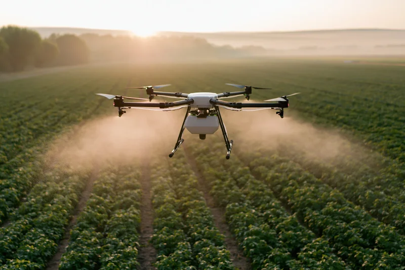 Agricultural drone spraying pesticide mist over rows of crops in a field at sunset