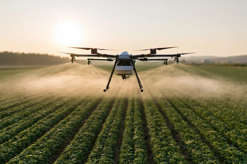 Agricultural drone spraying pesticide mist over rows of crops in a field at sunset