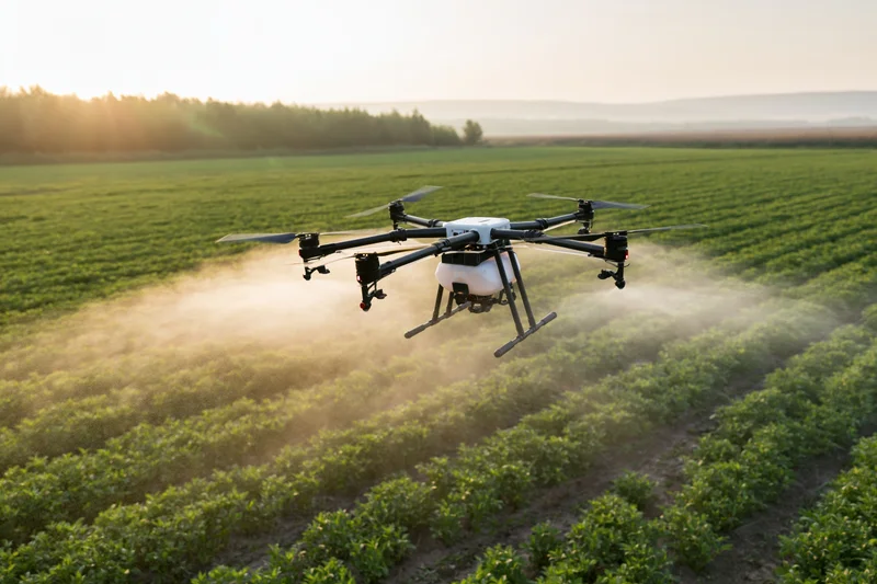 Agricultural drone spraying pesticide mist over rows of crops in a field at sunset