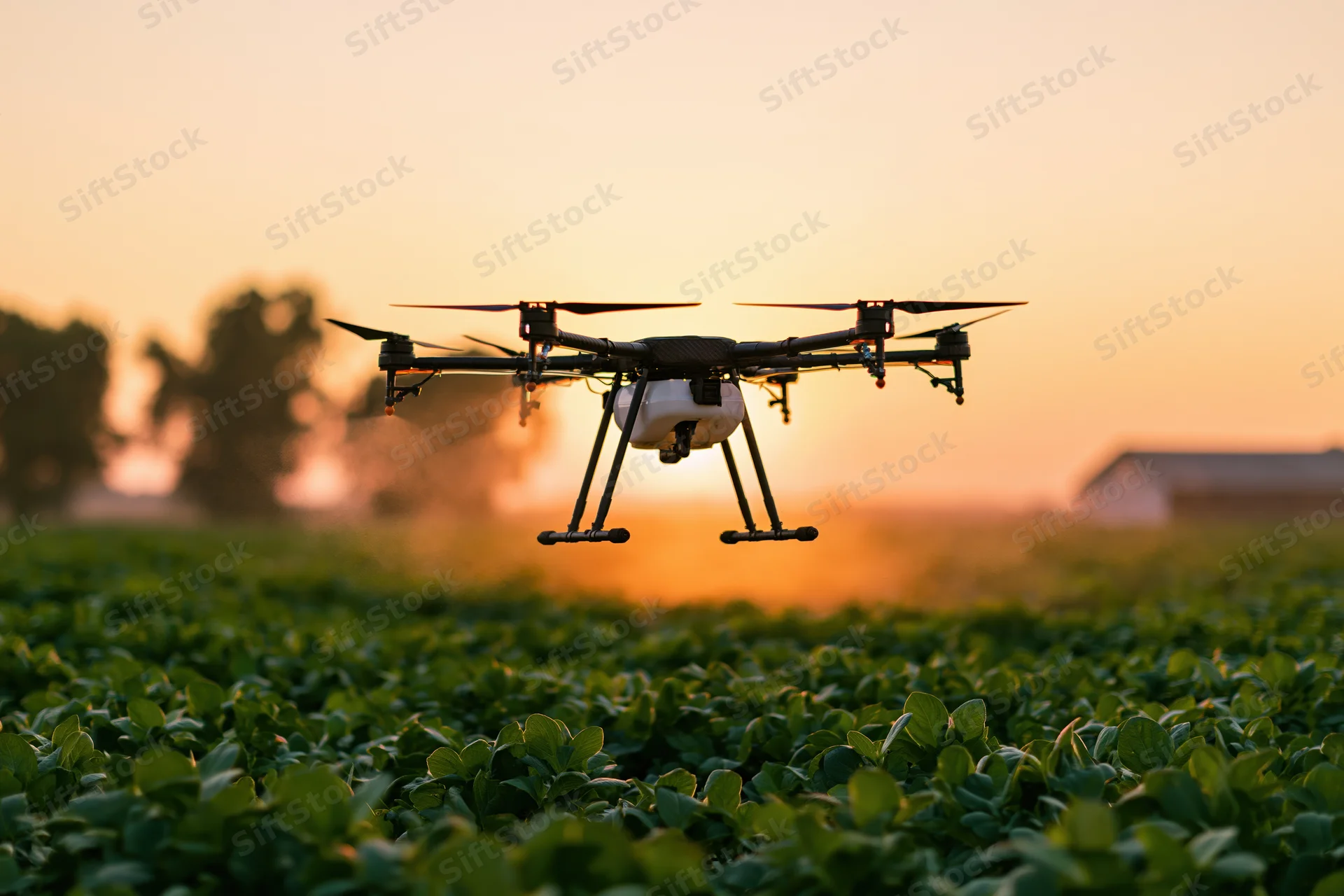 Agricultural drone hovering low over a green soybean field at sunset