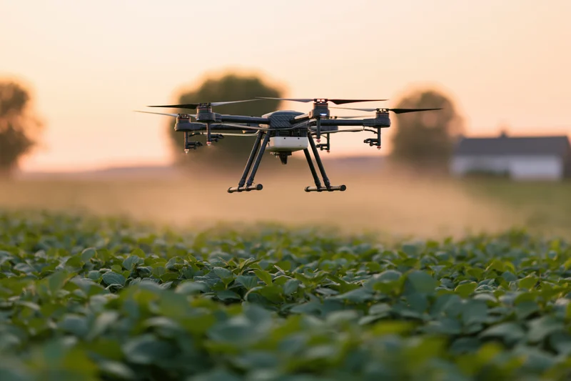 Agricultural drone hovering low over a dense green soybean field at sunset