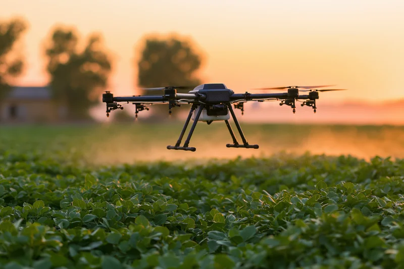 Agricultural drone hovering low over a dense green soybean field at sunset
