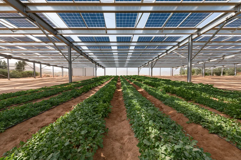 Rows of green vegetable crops growing under solar panel canopy in agrivoltaic farm