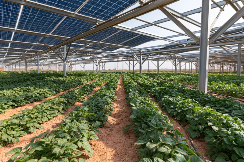 Rows of green vegetable crops growing under solar panels in an agrivoltaic farm field