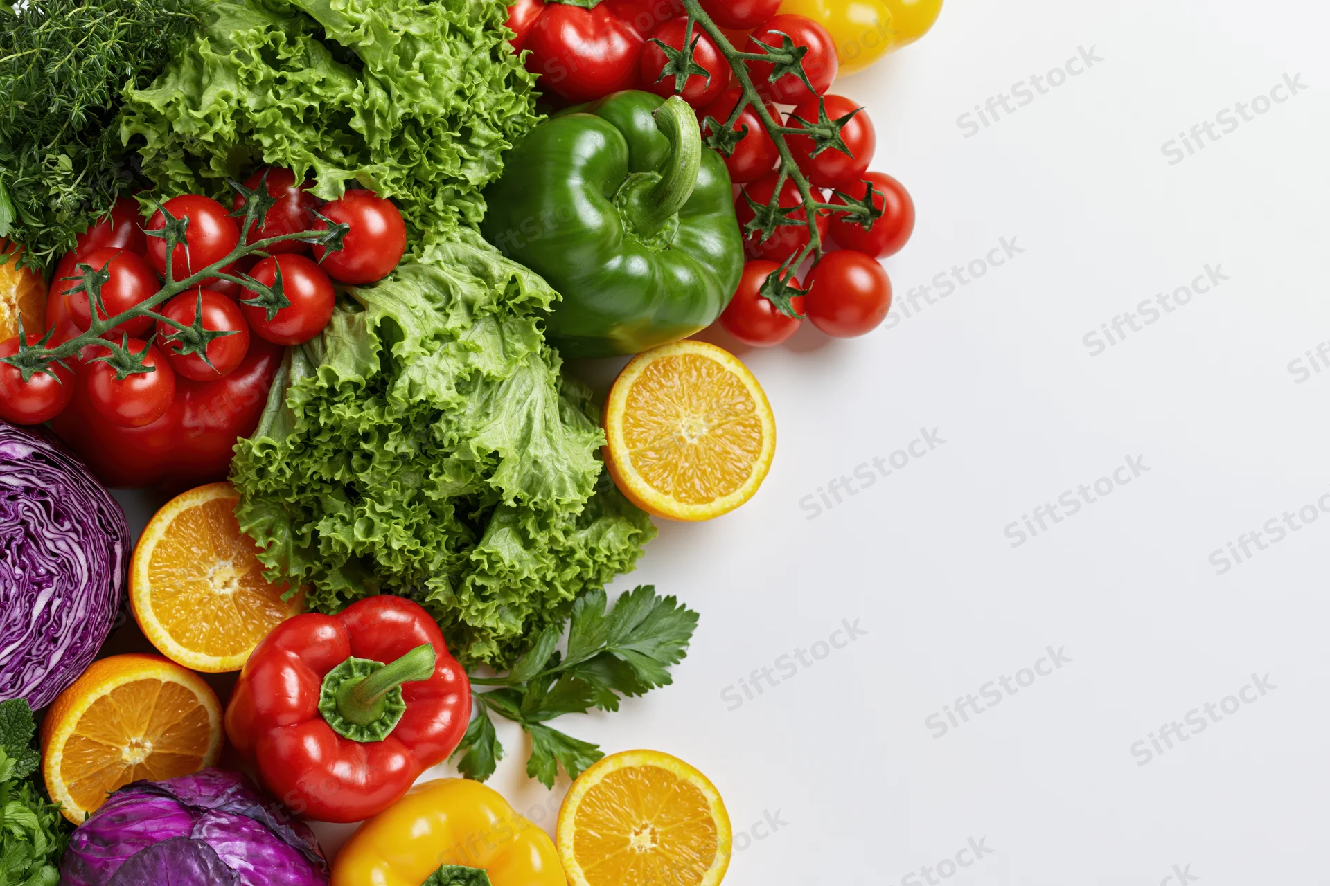 Fresh vegetables and fruits arranged loosely on white background with copyspace