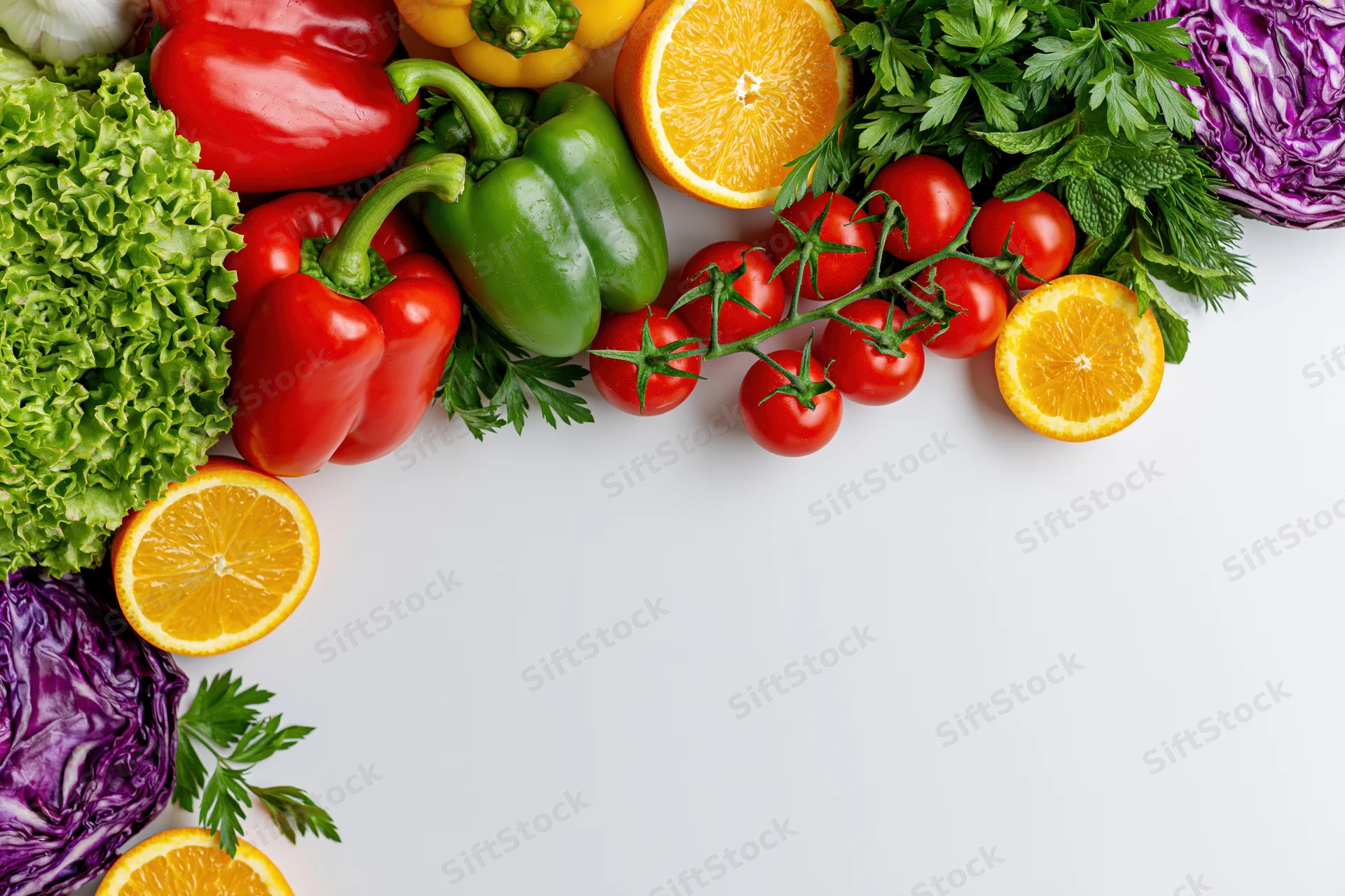 Fresh vegetables and fruits arranged in a border on white background with copyspace