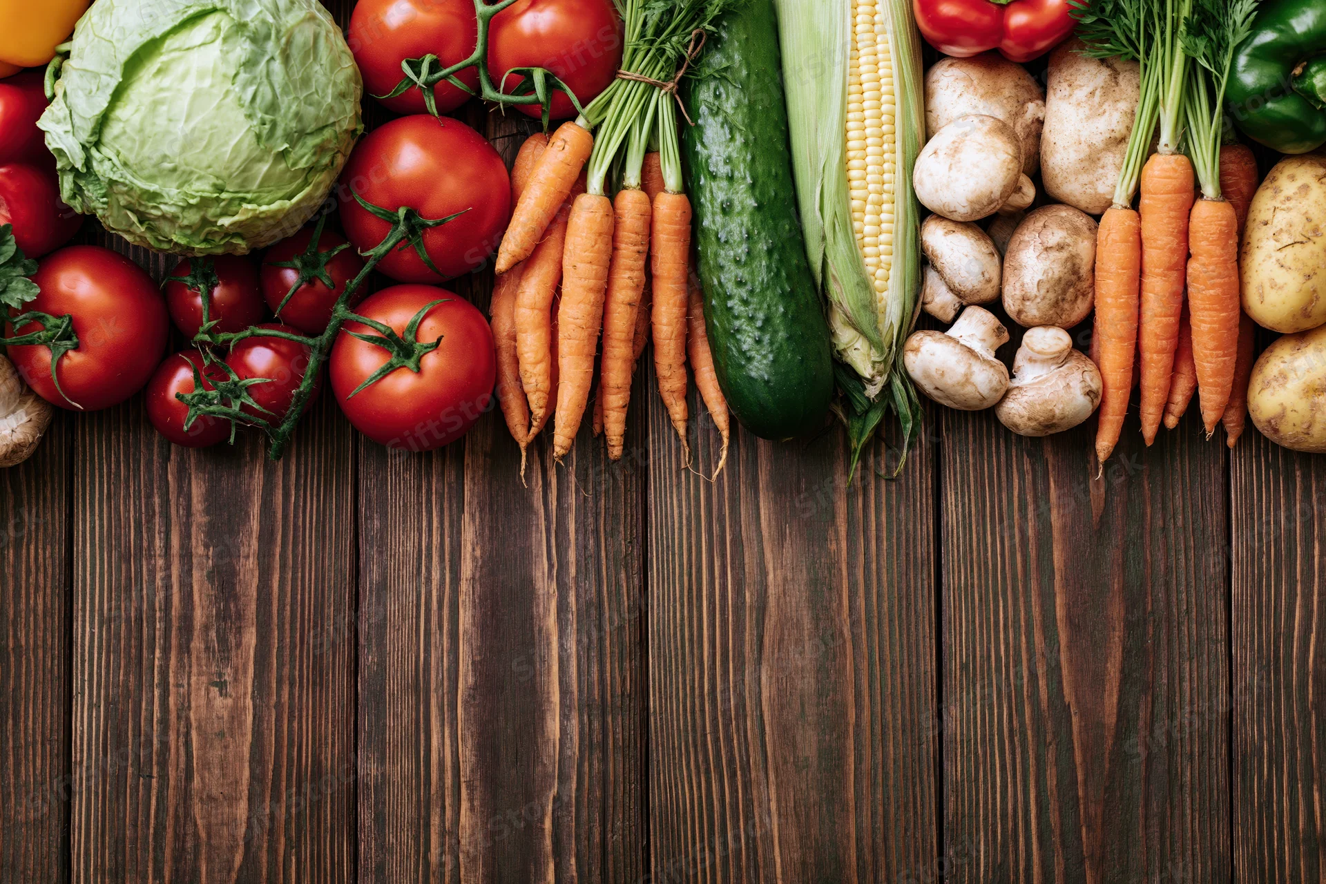 Fresh vegetables arranged in a dense row along the top of a dark wooden table with copyspace below