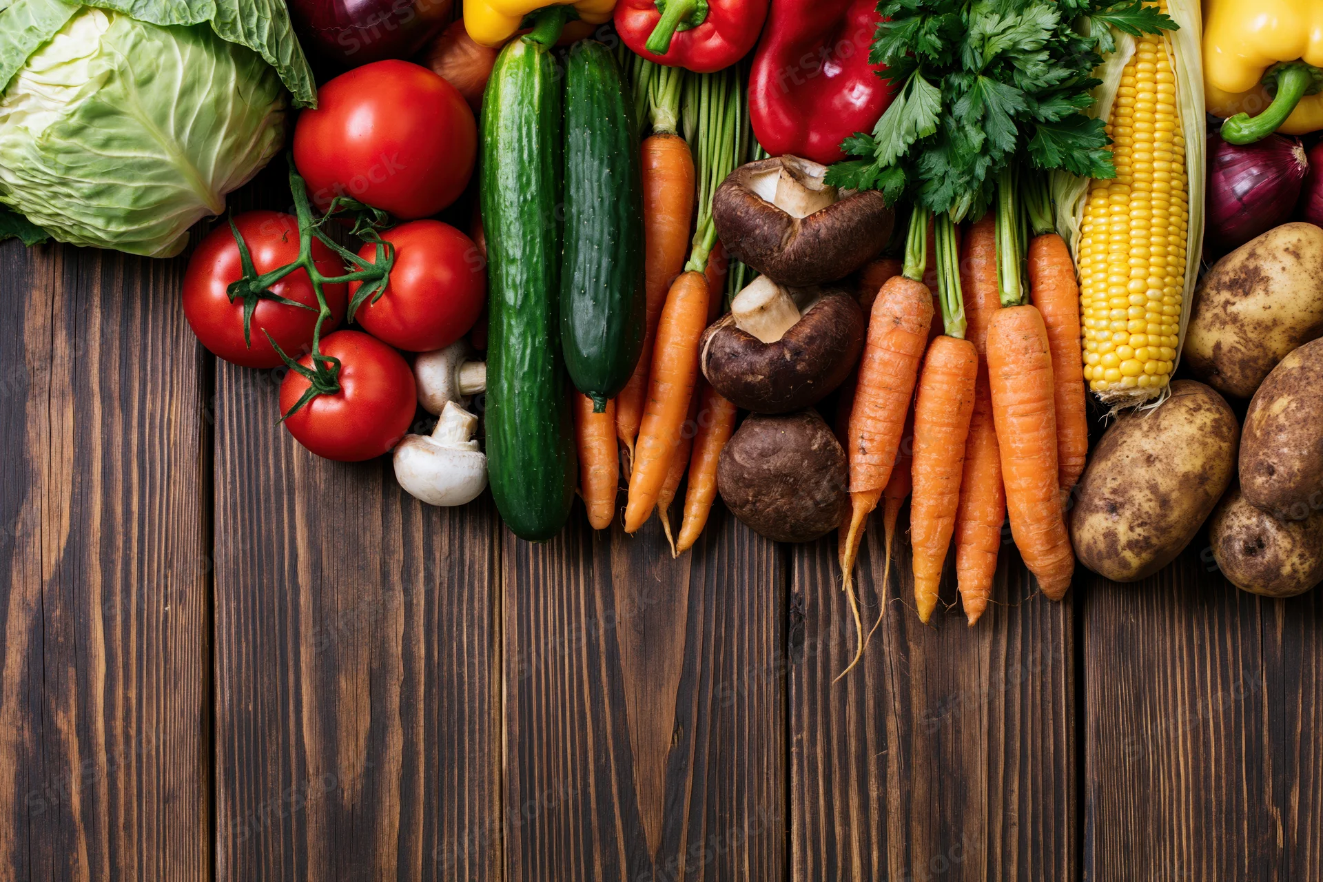 Assorted fresh vegetables arranged in a dense row along the top of a dark wooden table with copyspace below