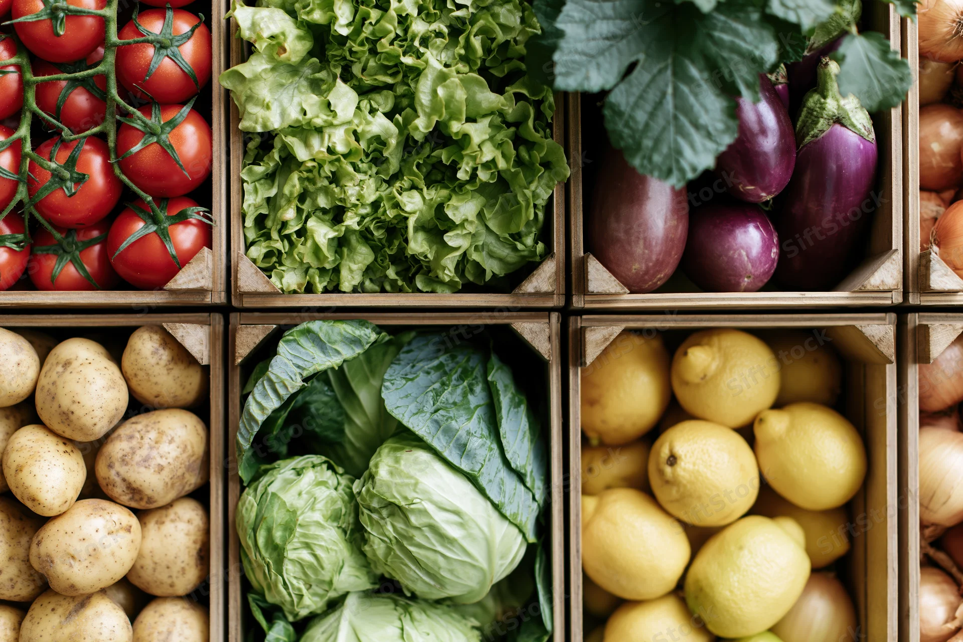 Fresh vegetables arranged in wooden crates at a market display