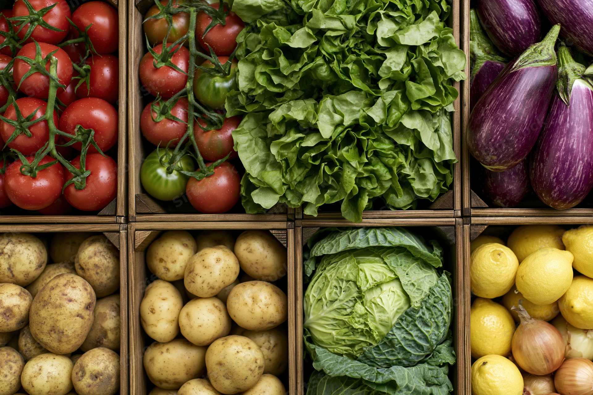 Fresh vegetables arranged in wooden crates at a market display