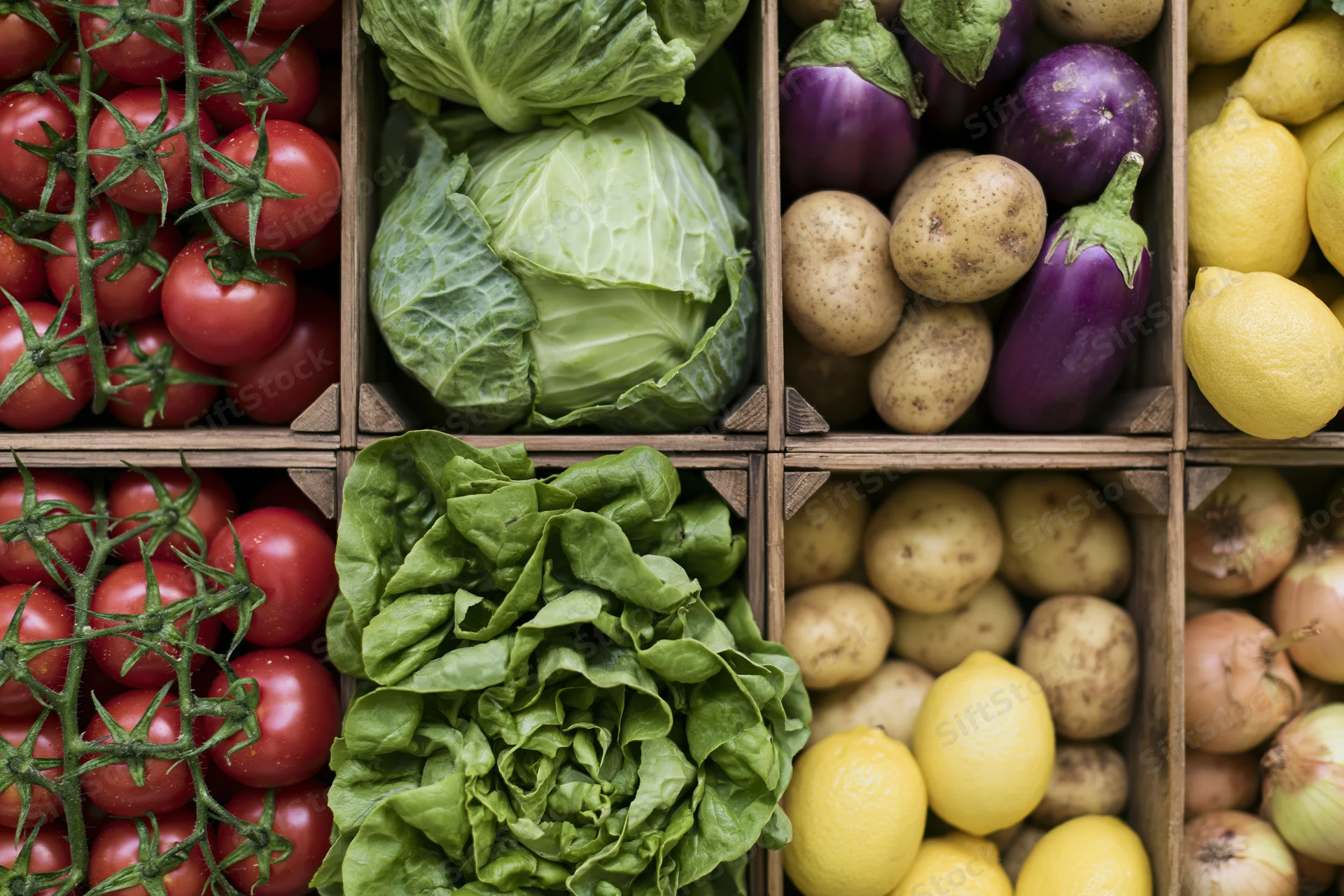 Fresh vegetables arranged in wooden crates at a market