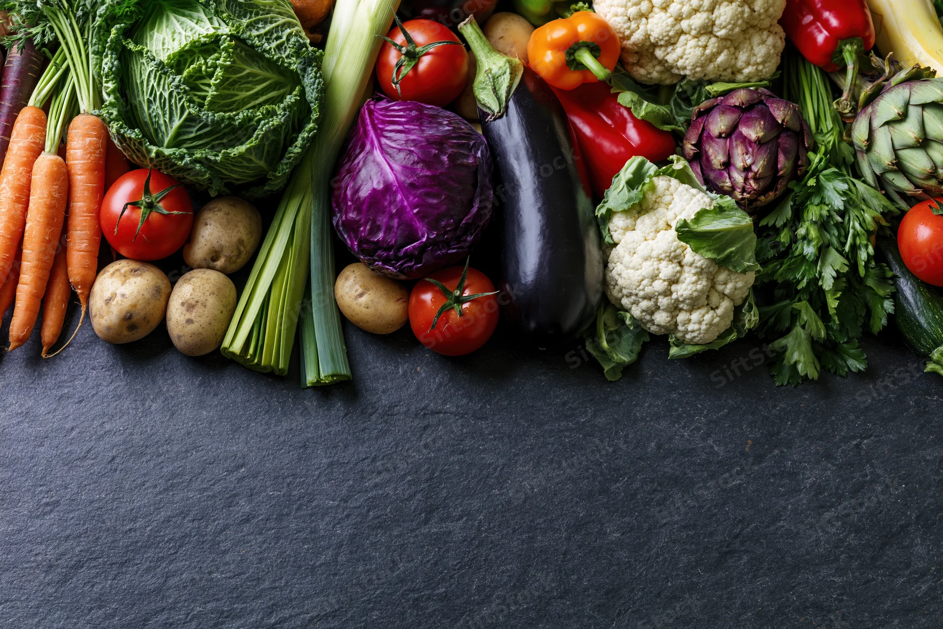 Assorted fresh vegetables arranged in a border on a dark surface with copyspace below