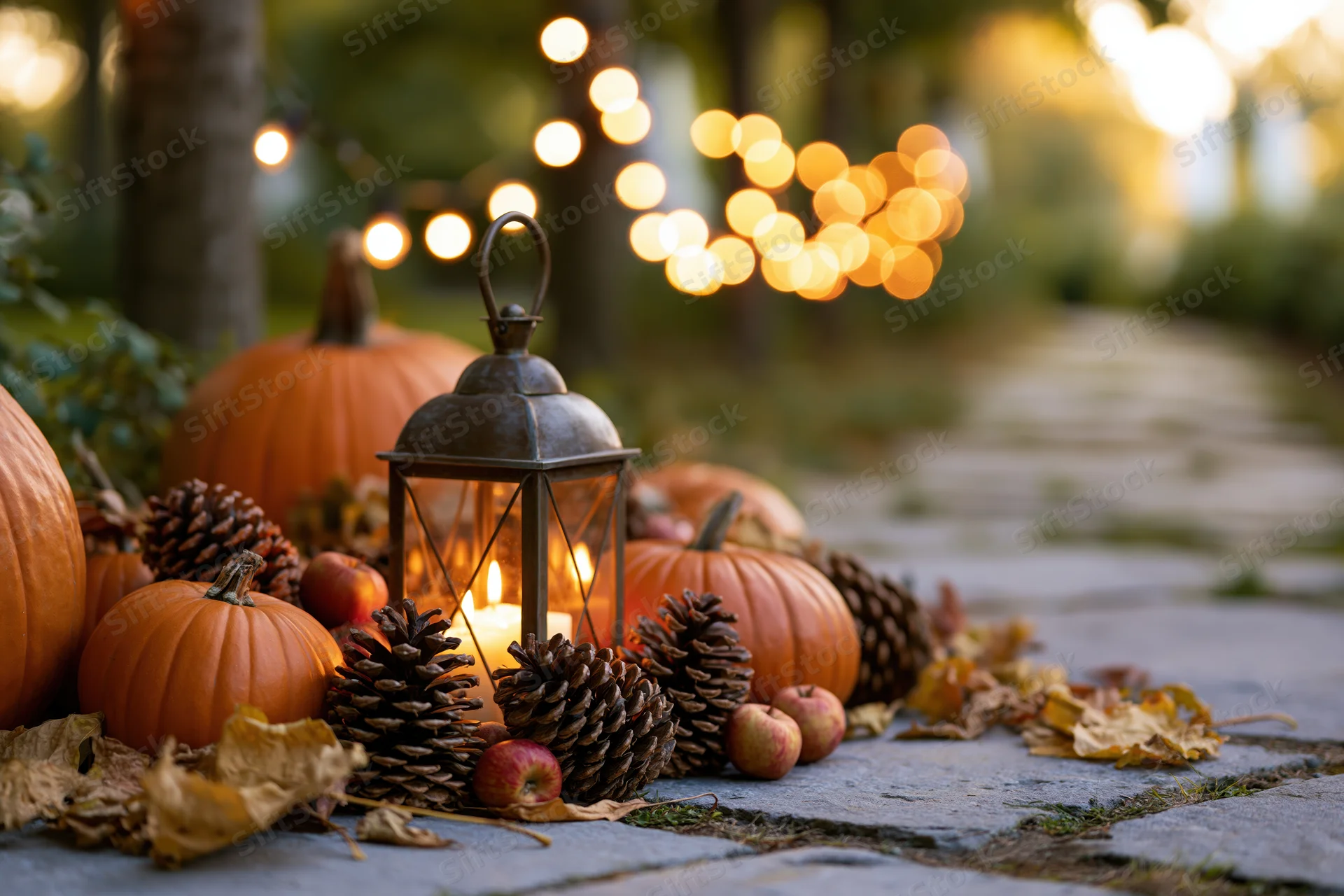 Autumn harvest display arranged on stone garden path with pumpkins, pinecones, apples, and lantern lit by candlelight