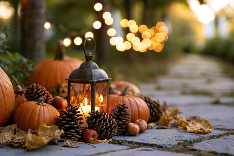 Autumn harvest display arranged on stone garden path with pumpkins, pinecones, apples, and lantern lit by candlelight