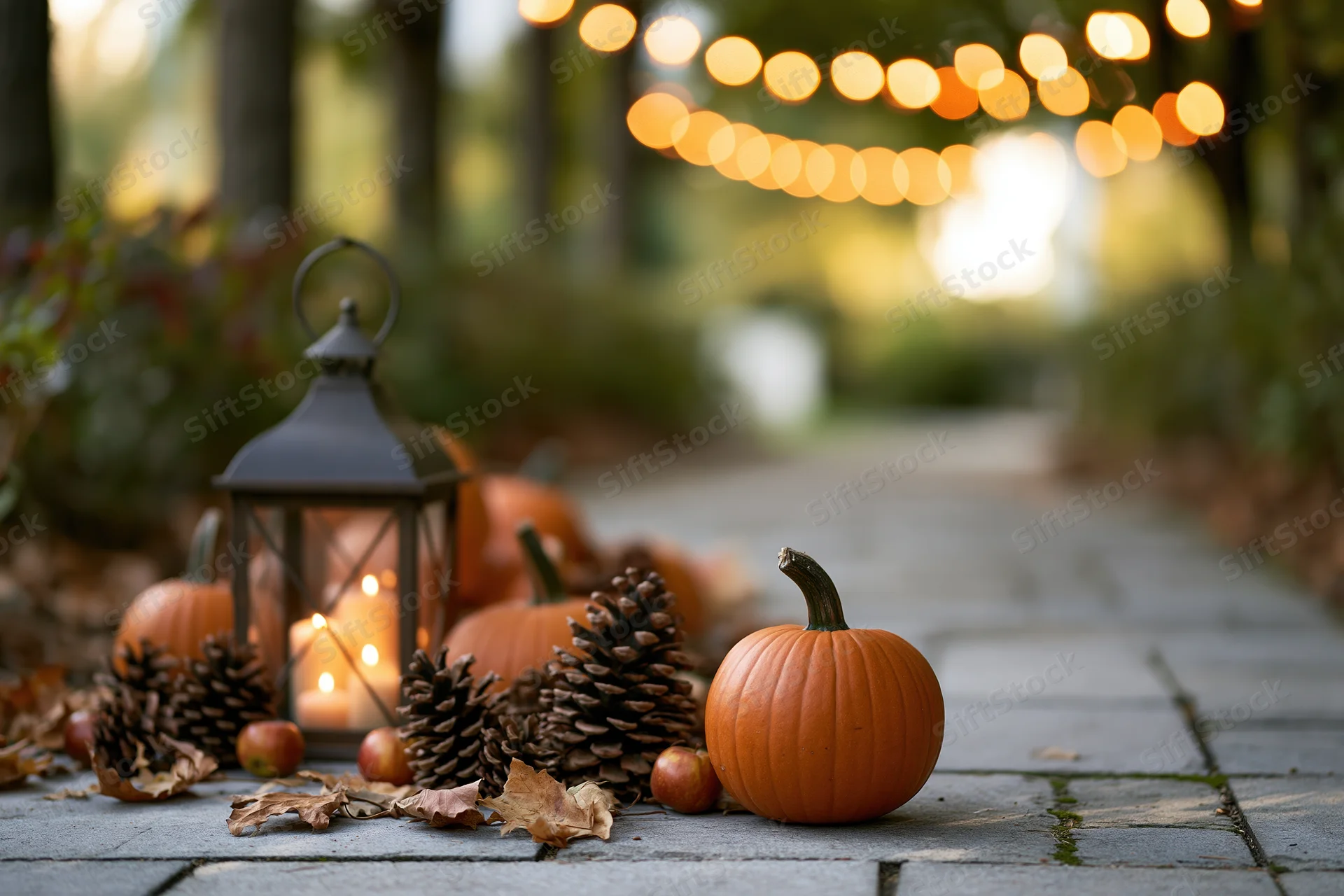 Autumn harvest display arranged on stone garden path with pumpkins, pinecones, and lantern featuring warm string lights in background