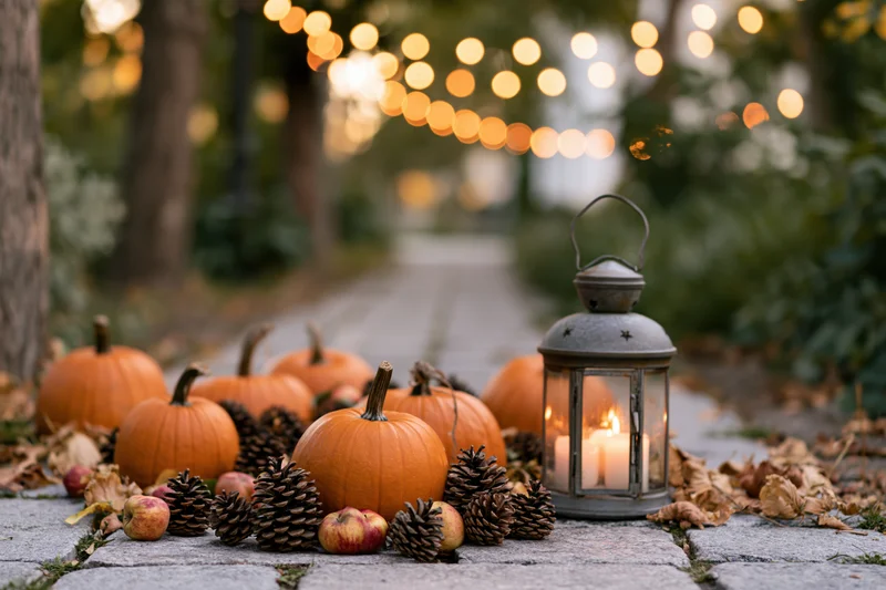 Autumn harvest display arranged on stone garden path with pumpkins, pinecones, apples, and lit lantern surrounded by fallen leaves and string lights in background