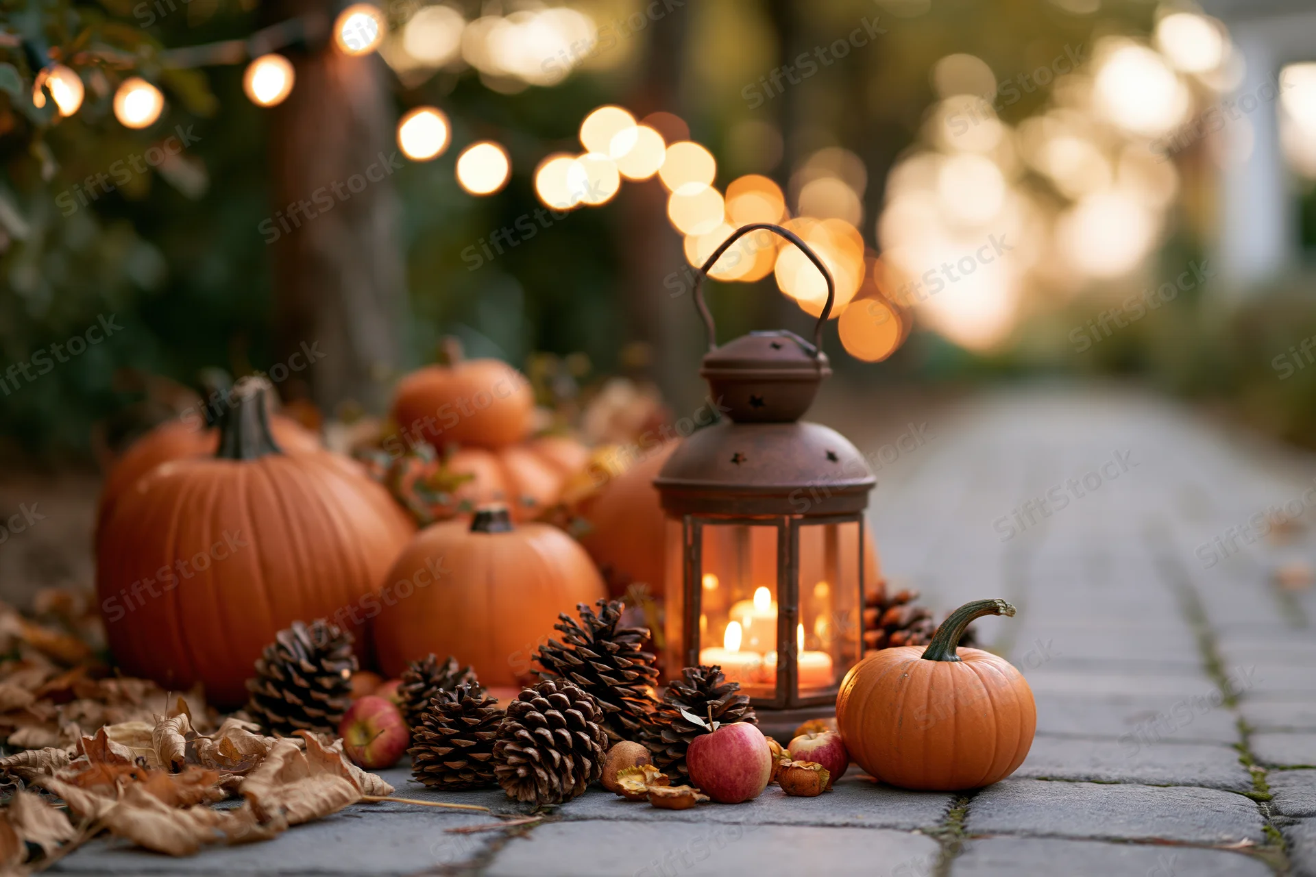 Autumn harvest display arranged on a stone garden path featuring pumpkins, pinecones, apples, and a lit lantern surrounded by fallen leaves