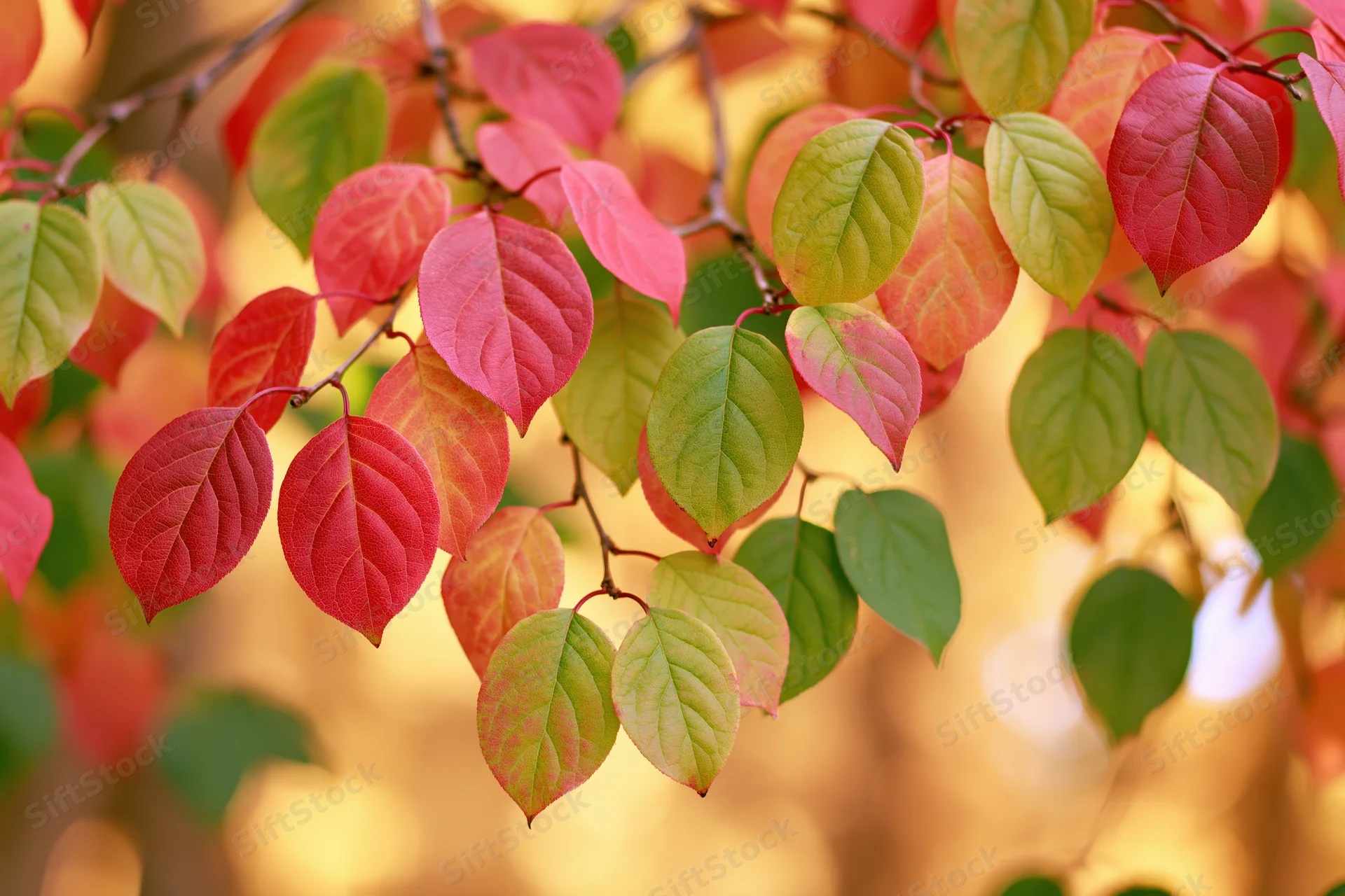 Autumn tree branches with leaves turning red and green against a warm blurred background