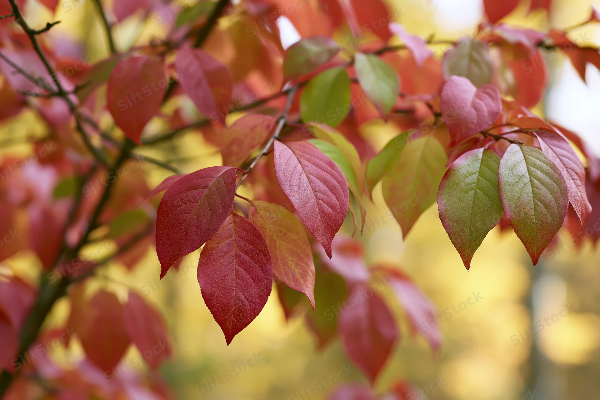 Autumn tree branches with turning leaves in red, pink, and green hues against a blurred yellow background