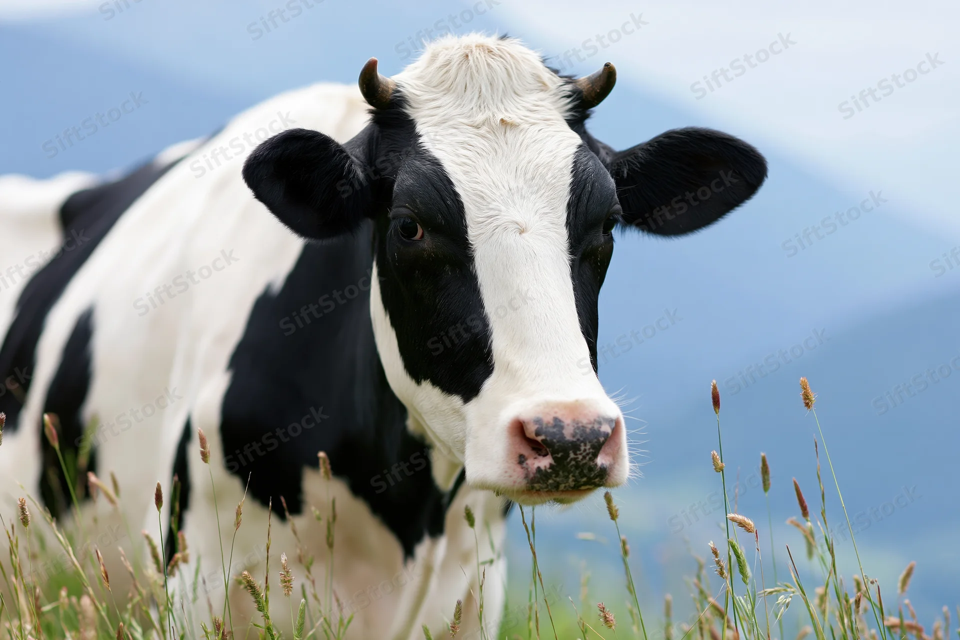 Holstein cow turning head toward camera in grassy pasture with mountains in background