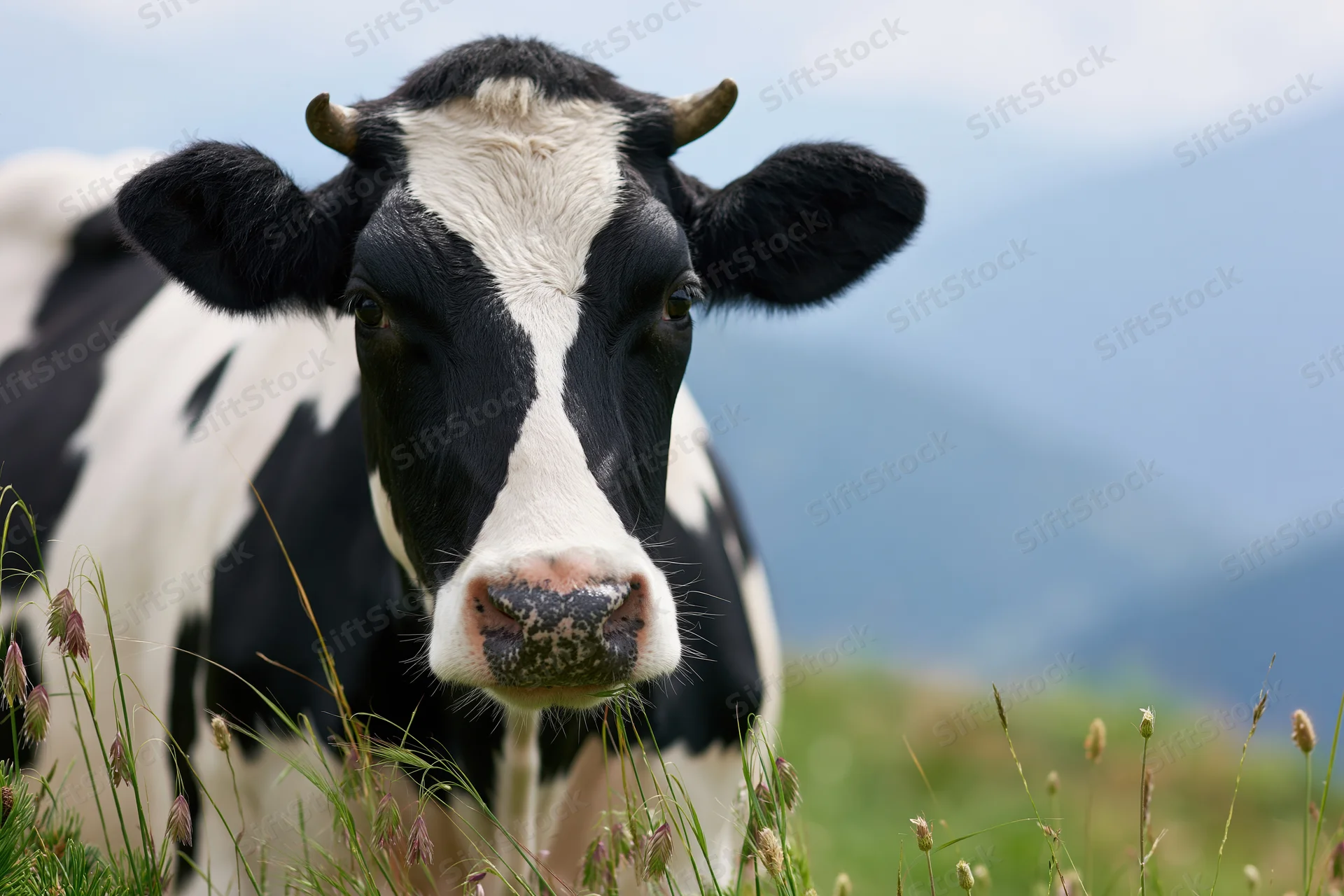 Black and white holstein cow facing camera in grassy pasture with mountains in background