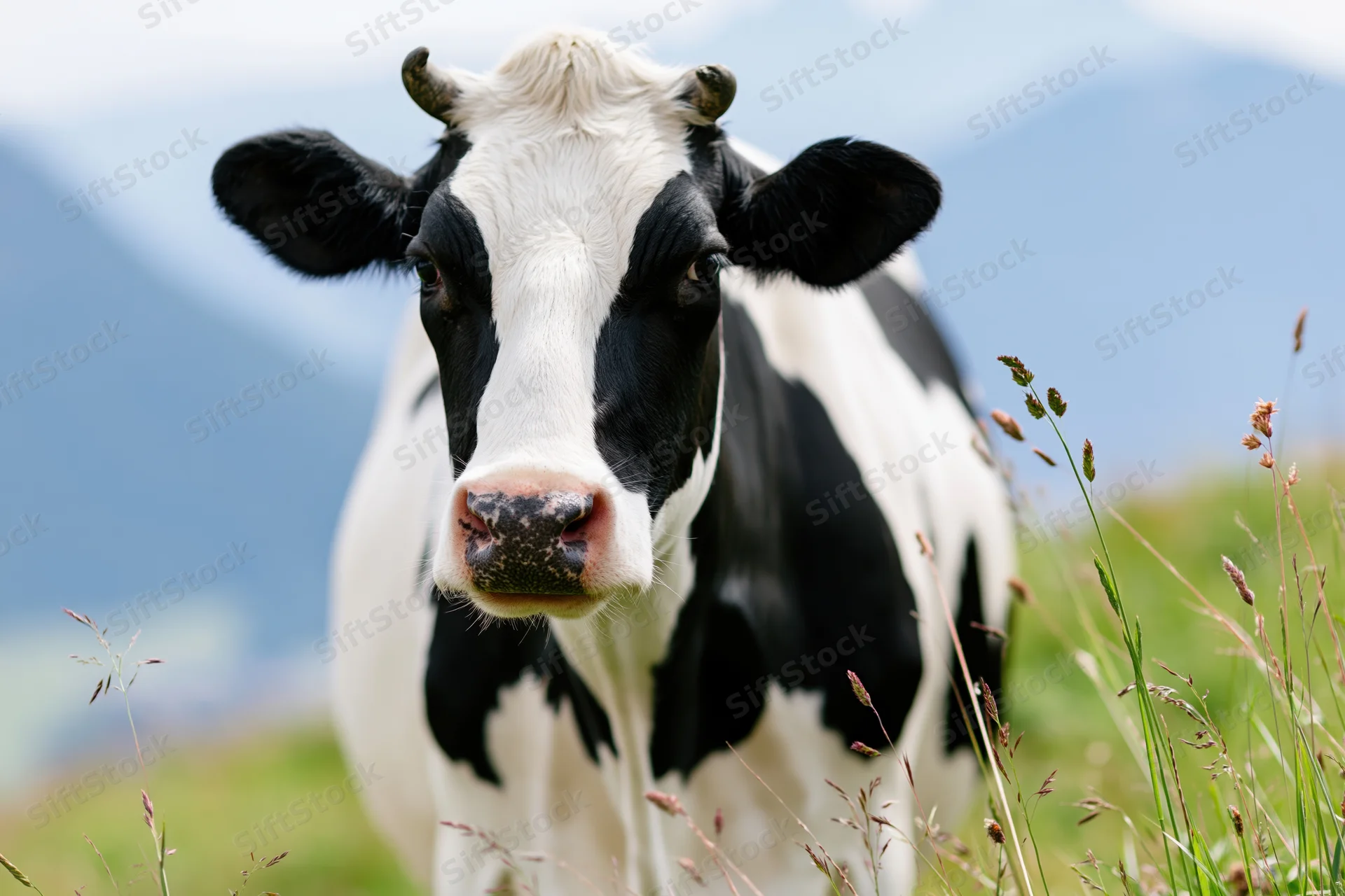 Holstein cow facing camera in grassy pasture with mountains in background