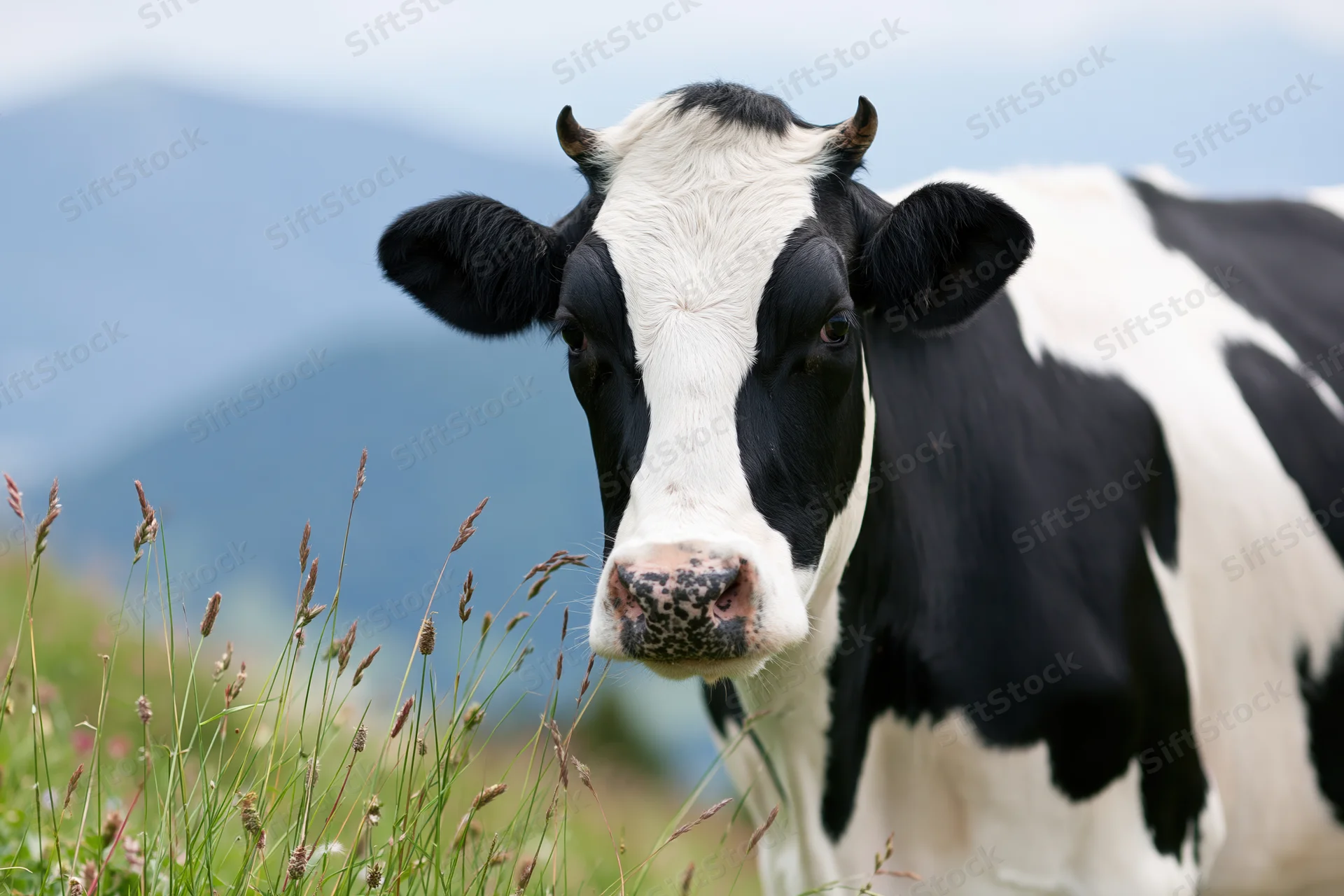 Holstein cow turning head toward camera in grassy pasture with mountains in background