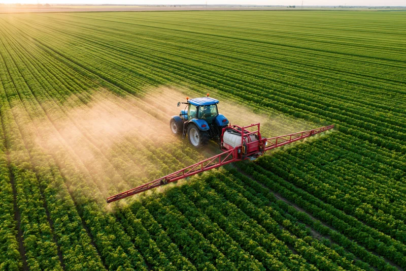 Blue tractor pulling red boom sprayer across green crop field at sunset