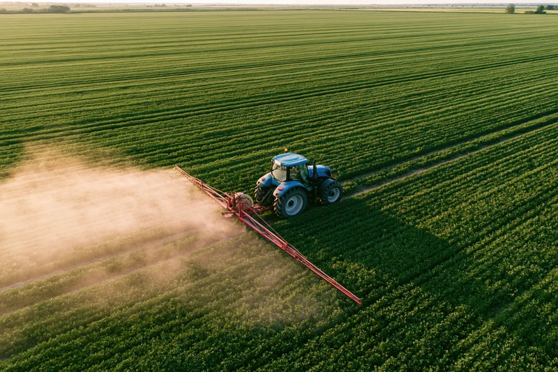 Blue tractor pulling red boom sprayer across green crop field from above
