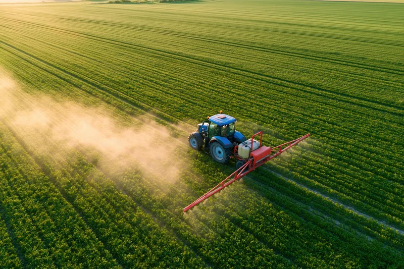 Blue tractor pulling red boom sprayer across green crop field