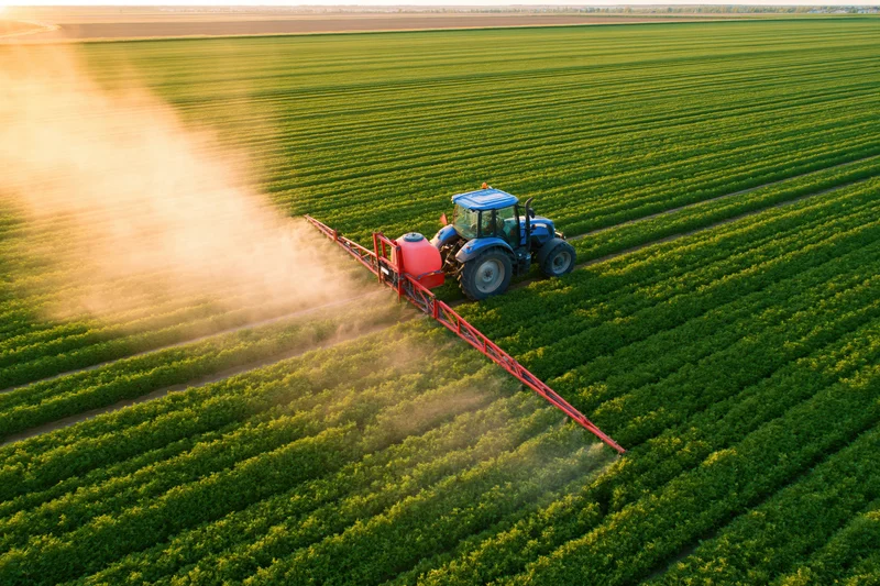Blue tractor pulling red boom sprayer across green crop field at sunset