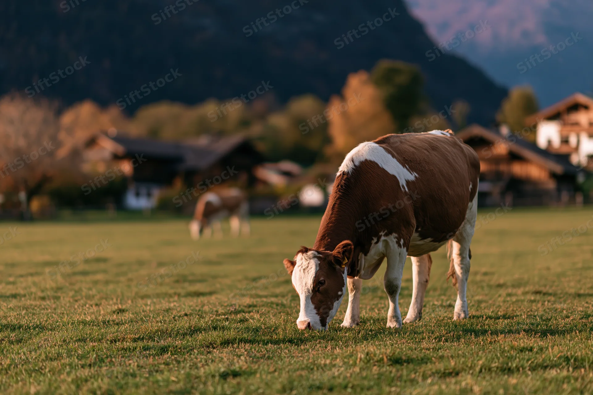 Brown and white cow grazing head-down on a green pasture with village and mountains in background