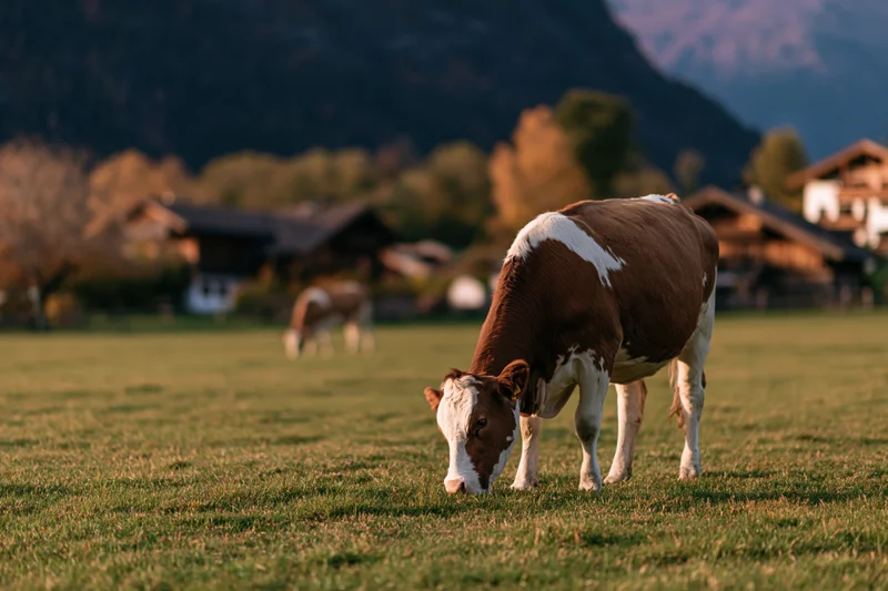 Brown and white cow grazing head-down on a green pasture with village and mountains in background