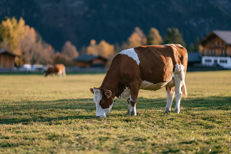 Brown and white cow grazing head-down on a green pasture with alpine mountains and farm buildings in the background