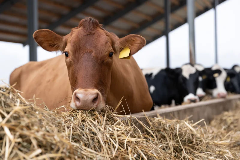 Brown dairy cow eating hay in a barn with other cattle in the background