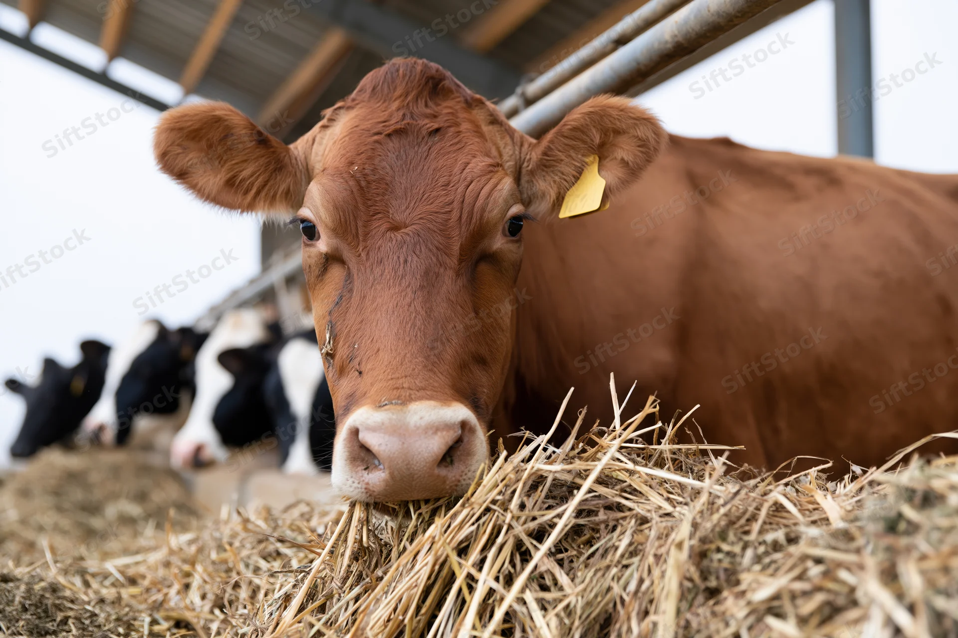 Brown dairy cow eating hay in a barn with other cattle in the background