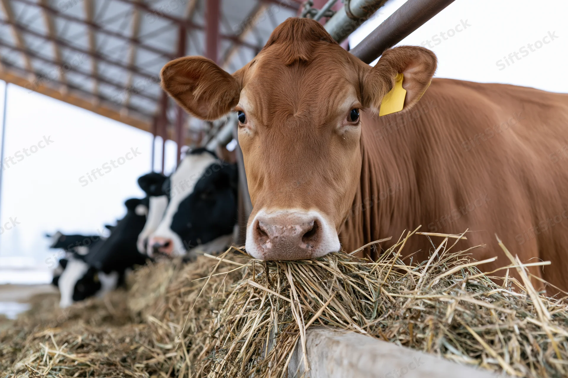 Brown dairy cow eating hay in barn with herd in background