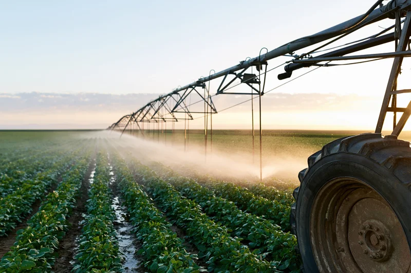 Center-pivot irrigation system spraying water over rows of soybean crops in a field at sunset