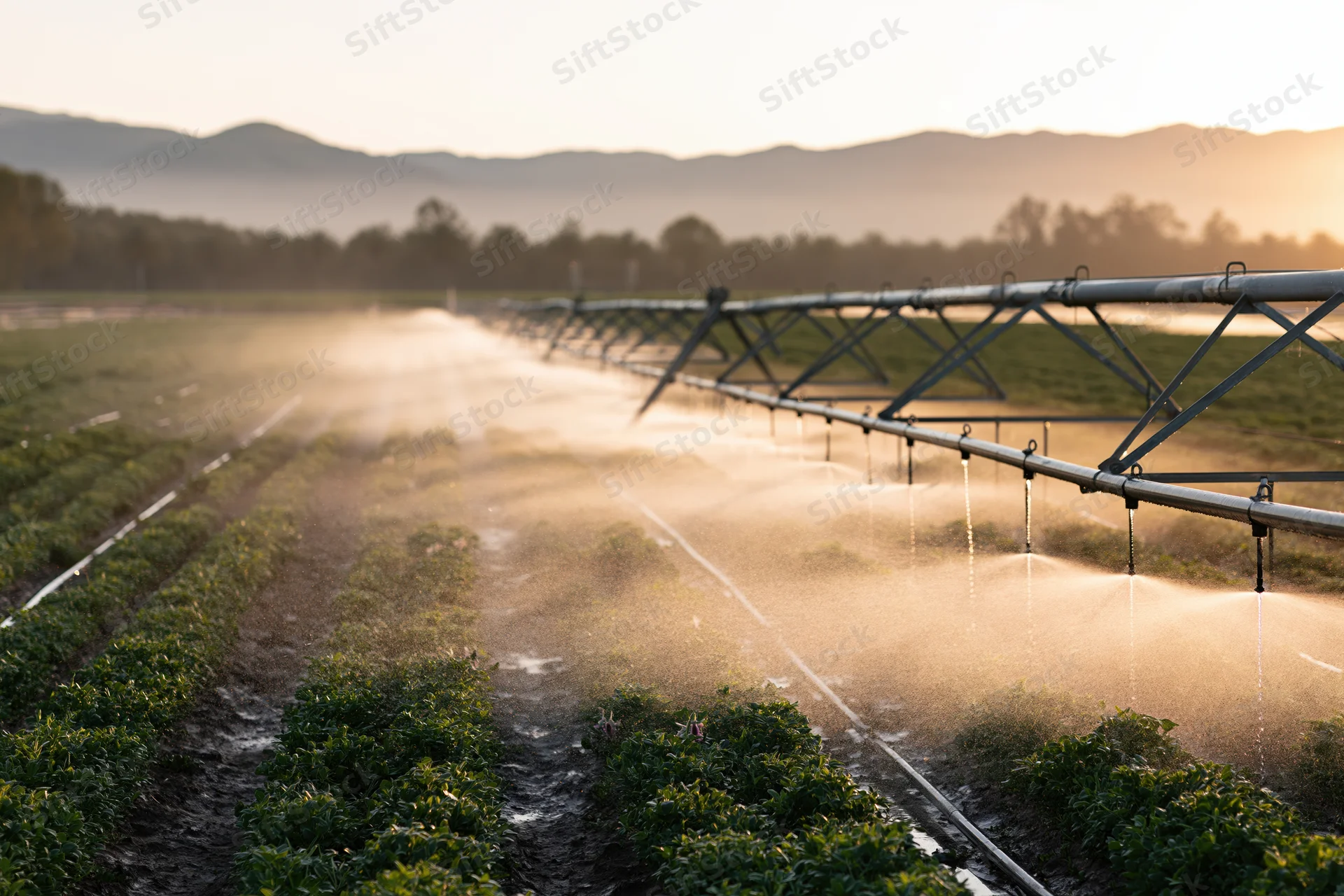 Center-pivot irrigation system spraying water over rows of crops in a field at sunset