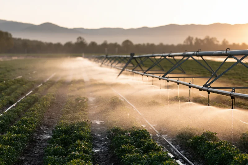 Center-pivot irrigation system spraying water over rows of crops in a field at sunset