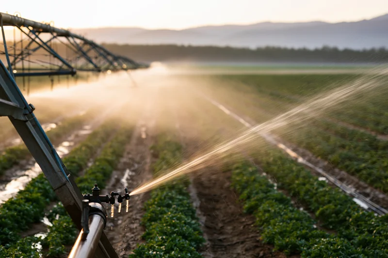 Center-pivot irrigation system spraying water over rows of crops in a farm field at sunset