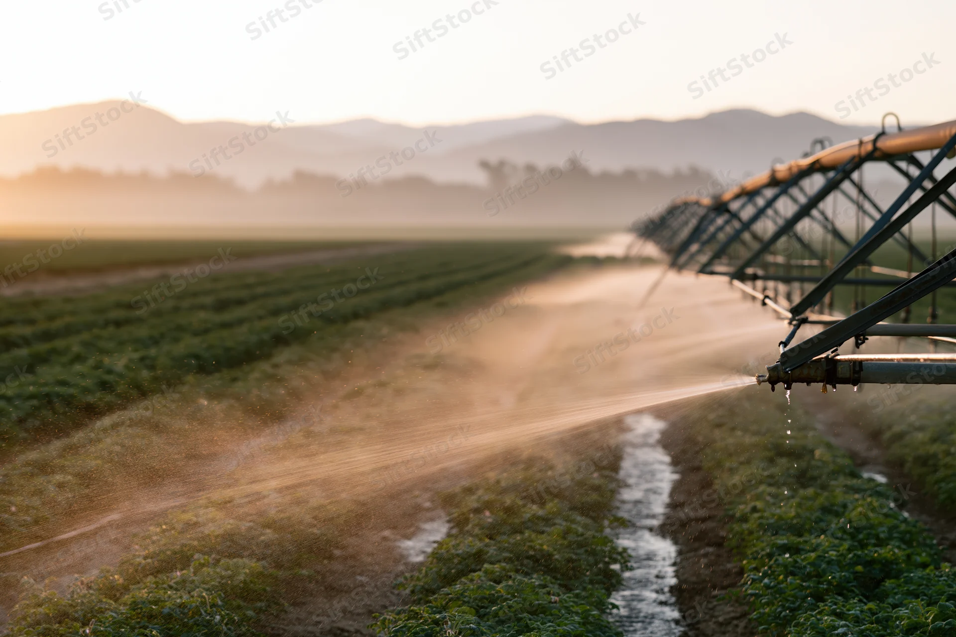 Center-pivot irrigation system spraying water over rows of crops in a field at sunset