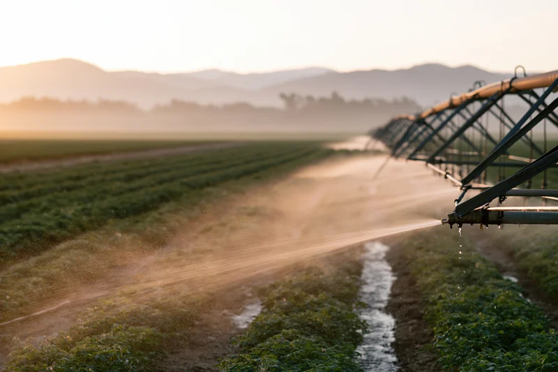 Center-pivot irrigation system spraying water over rows of crops in a field at sunset