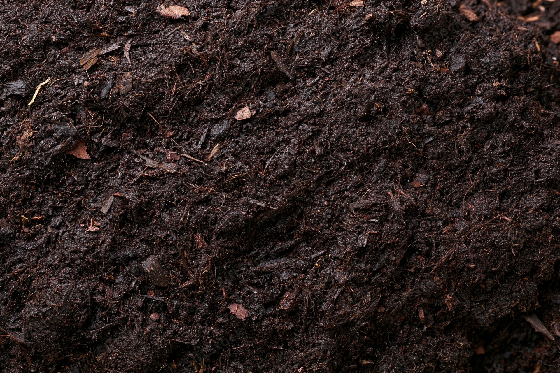 Dark organic compost soil filling the frame in a flat lay view