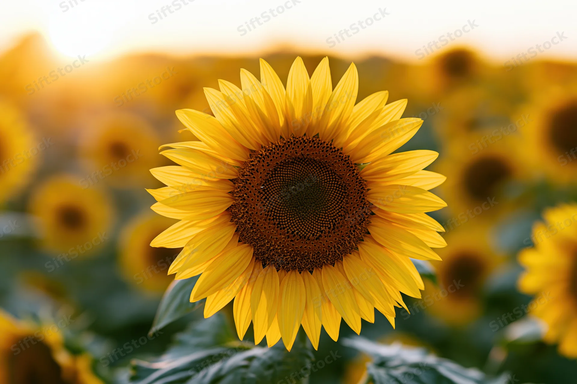 Large sunflower in full bloom centered in a field of sunflowers at golden hour