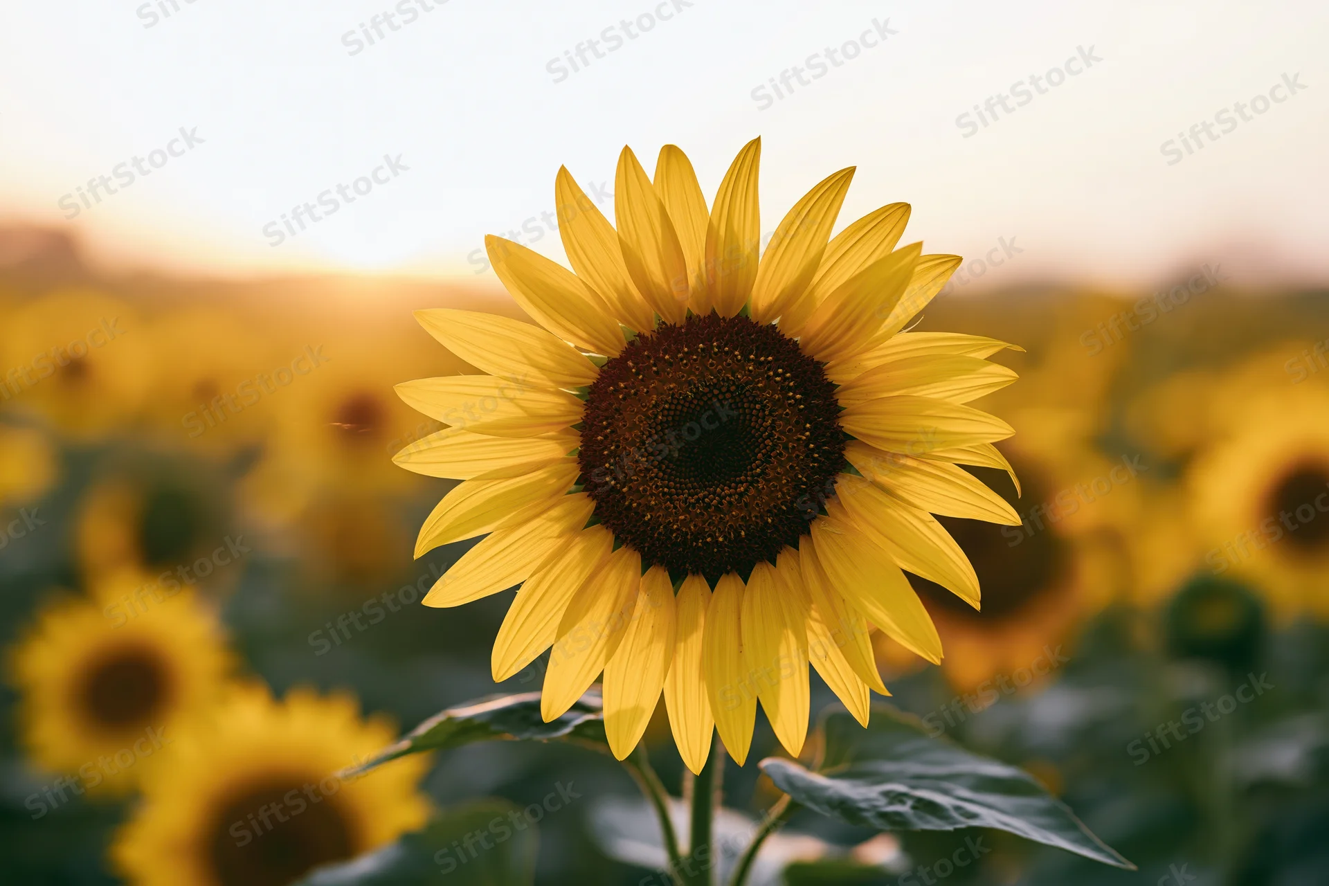 Large sunflower in full bloom at center of field with blurred background of other sunflowers during golden hour
