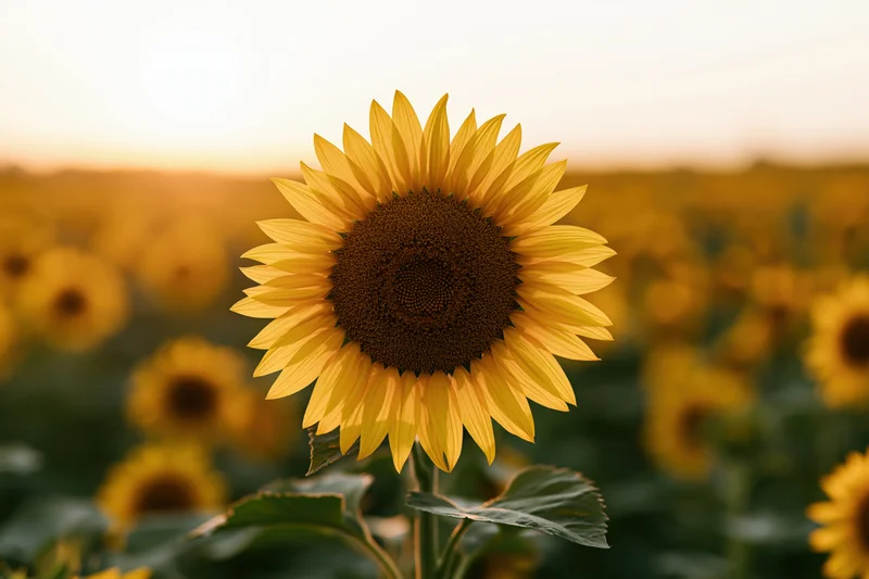 Large sunflower in full bloom centered in a sunflower field at golden hour